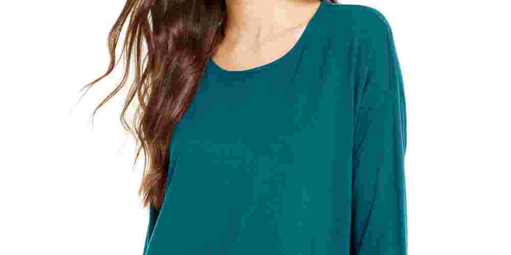 Túnica feminina Eileen Fisher, azul-petróleo, manga comprida, decote redondo, verde, tamanho grande