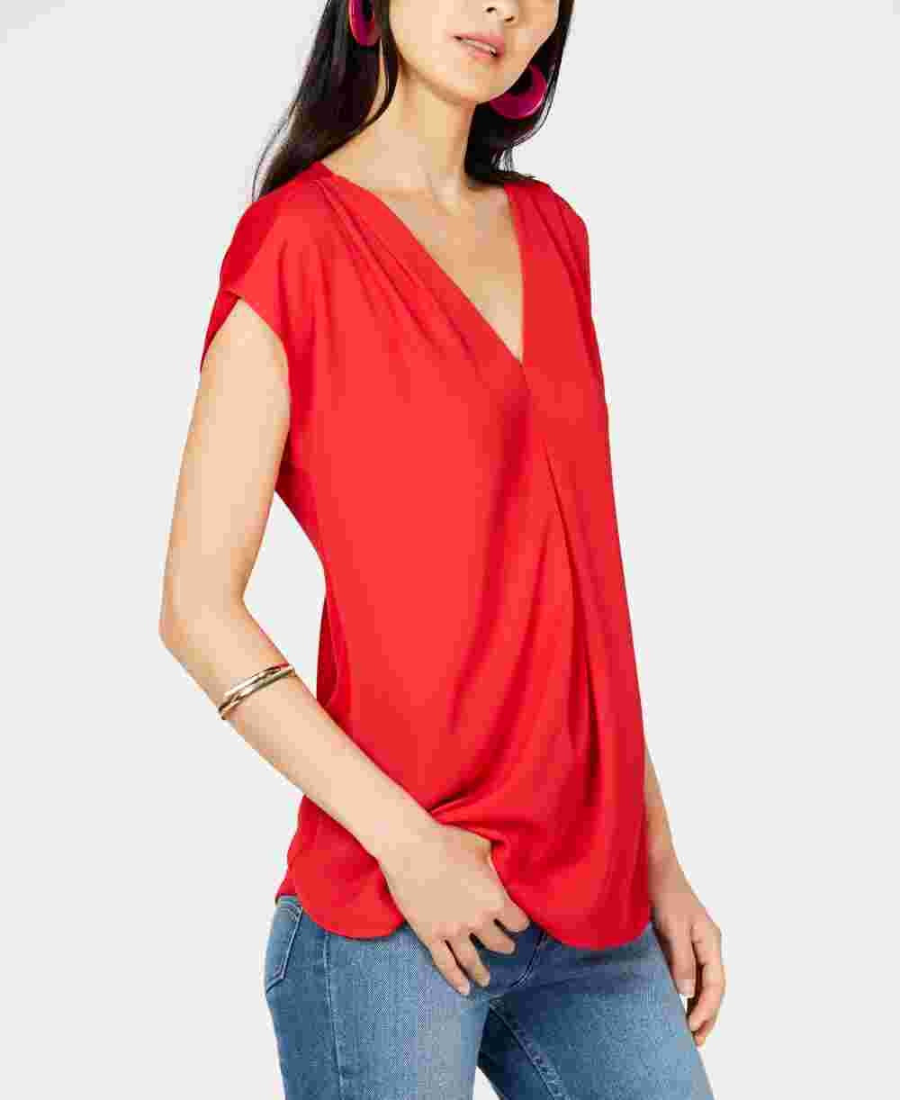 Blusa feminina com pregas invertidas e decote em V, vermelha, tamanho pequeno, da INC International Concepts