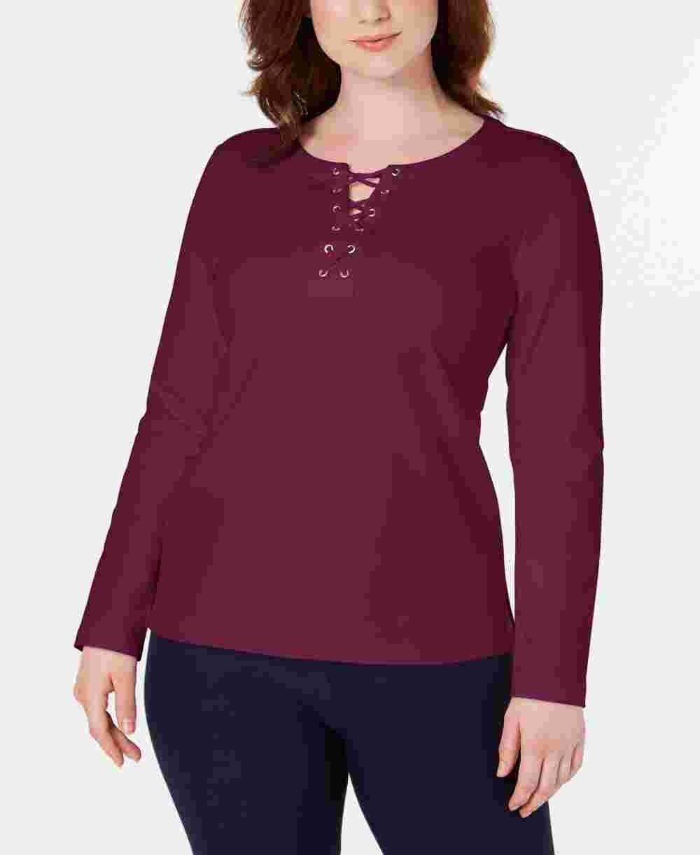 Karen Scott Blusa Henley Feminina Manga Longa Amarrada Vermelha Tamanho XS