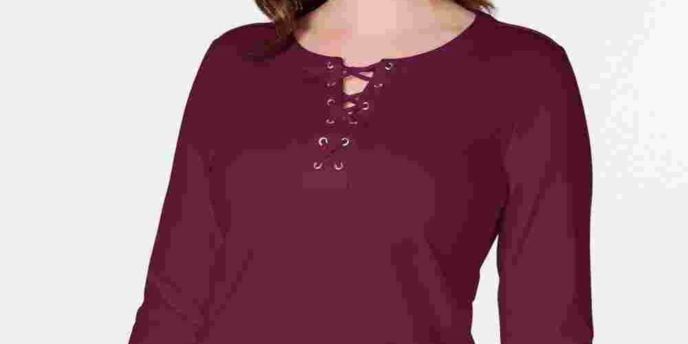 Karen Scott Blusa Henley Feminina Manga Longa Amarrada Vermelha Tamanho XS