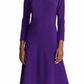 Vestido de festa feminino Ralph Lauren roxo com zíper, manga 3/4, decote joia, acima do joelho, tamanho 16