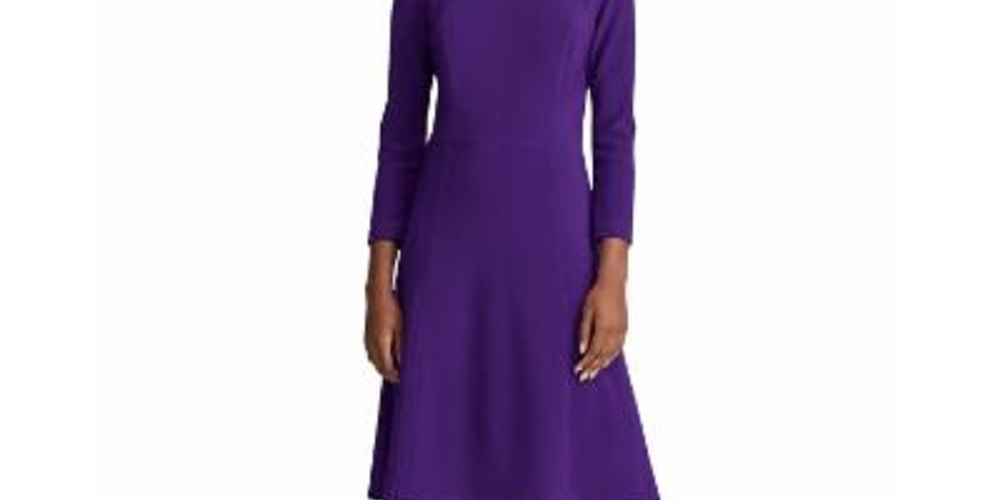 Vestido de festa feminino Ralph Lauren roxo com zíper, manga 3/4, decote joia, acima do joelho, tamanho 16