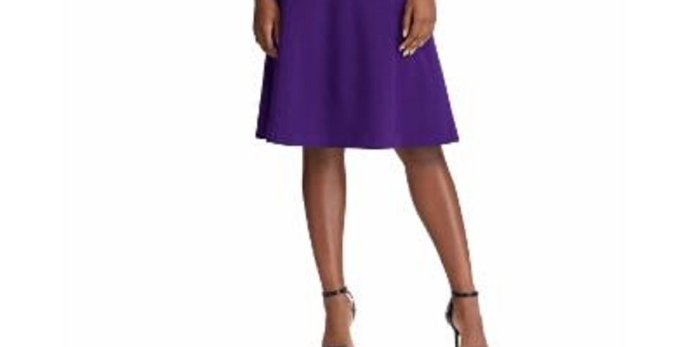 Vestido de festa feminino Ralph Lauren roxo com zíper, manga 3/4, decote joia, acima do joelho, tamanho 16
