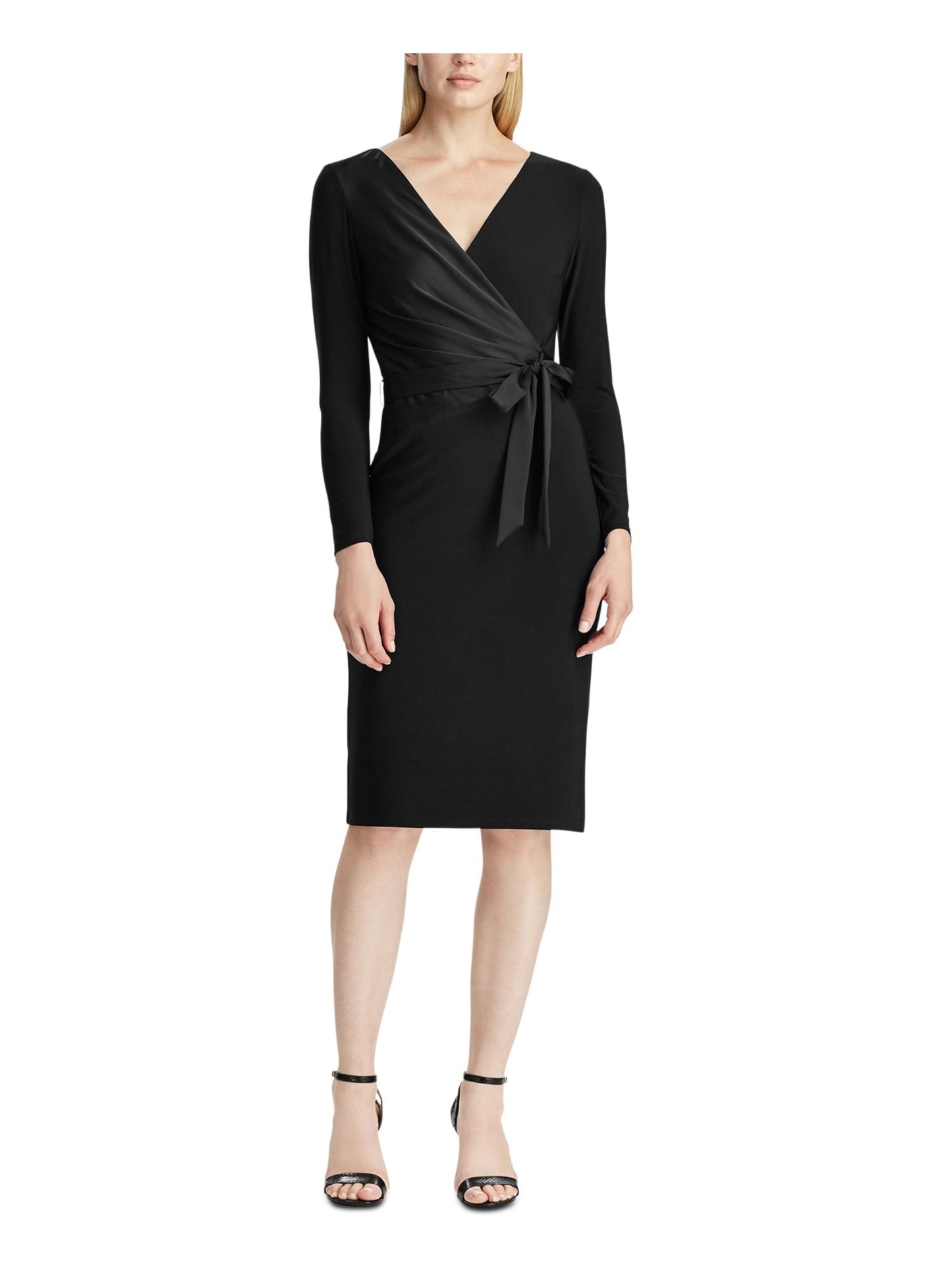 Vestido de coquetel Ralph Lauren feminino, preto, com cinto, manga comprida, decote em V, abaixo do joelho, tamanho 2