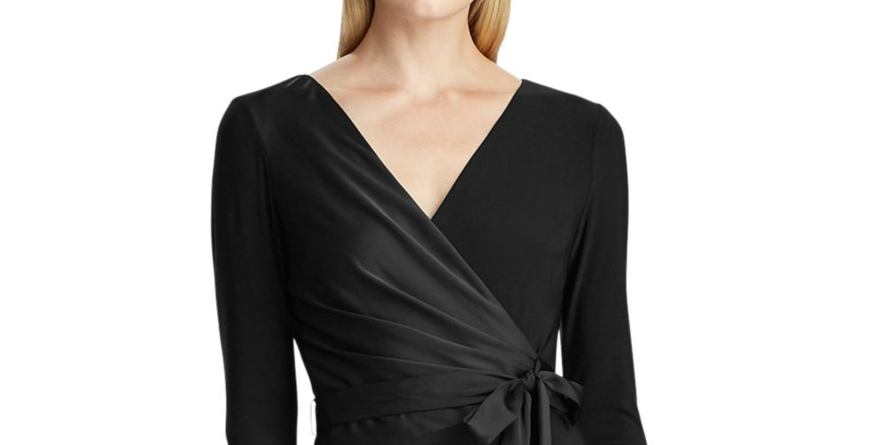 Vestido de coquetel Ralph Lauren feminino, preto, com cinto, manga comprida, decote em V, abaixo do joelho, tamanho 2