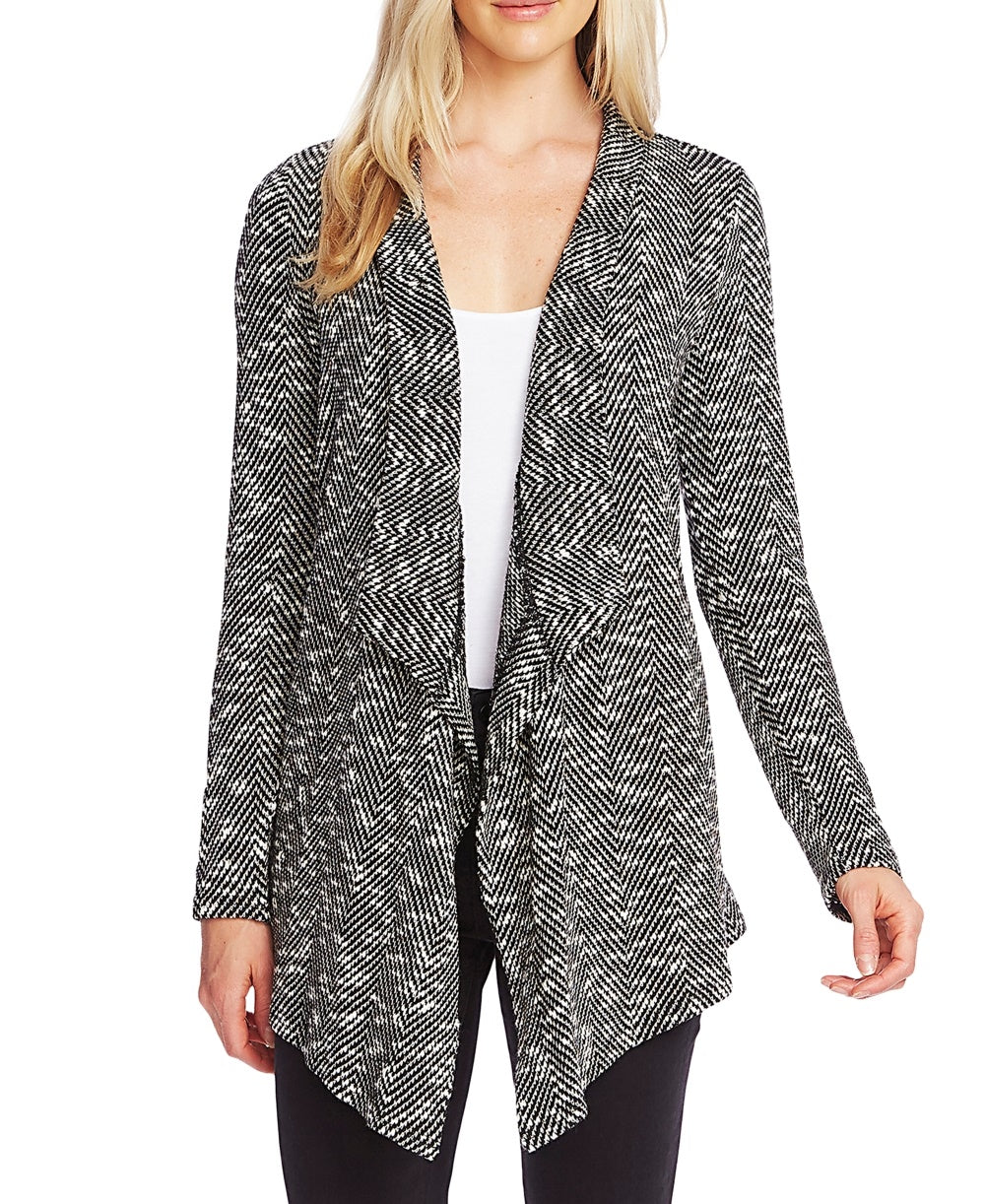 Cardigan feminino Vince Camuto com frente drapeada e espinha de peixe, preto, tamanho grande