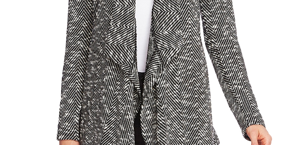 Cardigan feminino Vince Camuto com frente drapeada e espinha de peixe, preto, tamanho grande