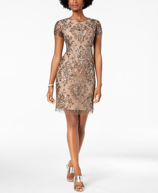 Adrianna Papell Women's Damask Sequined Mesh Dress Brown Size 6