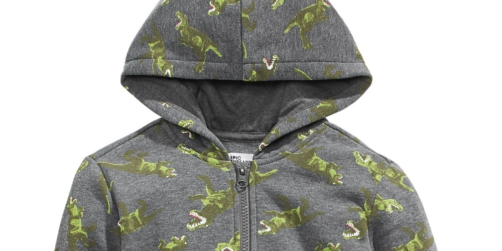 Moletom com capuz e zíper com estampa de dinossauro infantil Epic Threads, cinza, tamanho 4