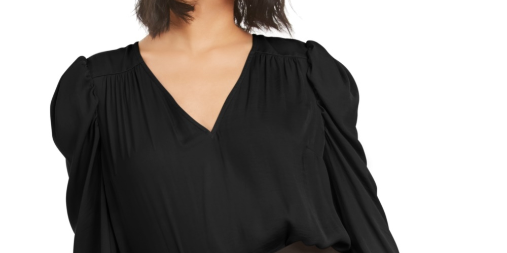 Blusa feminina Bar III com manga bufante e decote em V, preta, tamanho médio