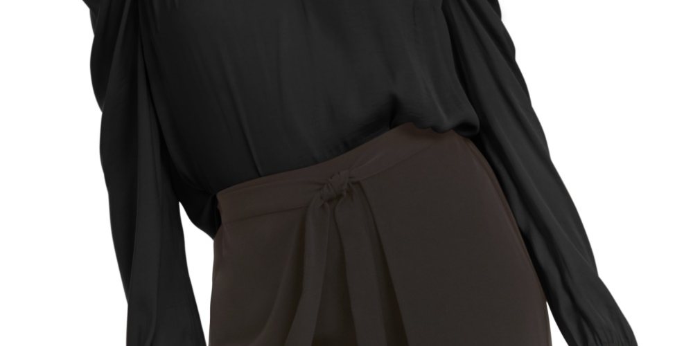 Blusa feminina Bar III com manga bufante e decote em V, preta, tamanho médio