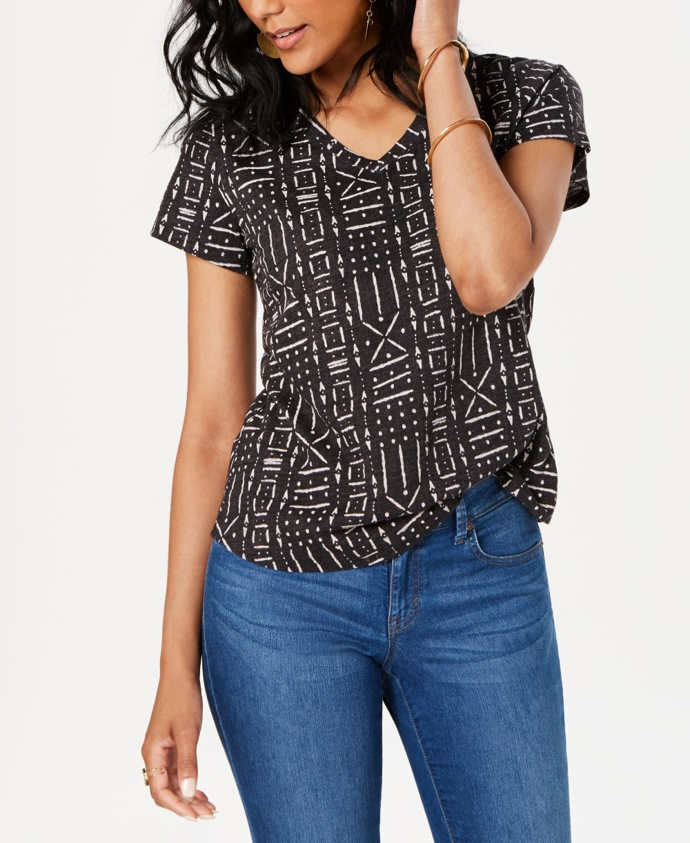 Top feminino de algodão estampado com decote em V, preto, tamanho PS, estilo &amp; co