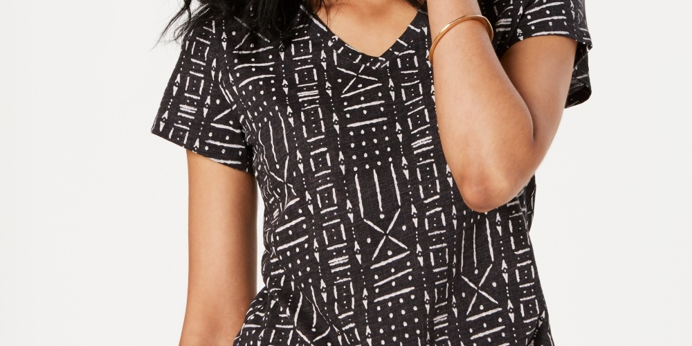 Top feminino de algodão estampado com decote em V, preto, tamanho PS, estilo &amp; co