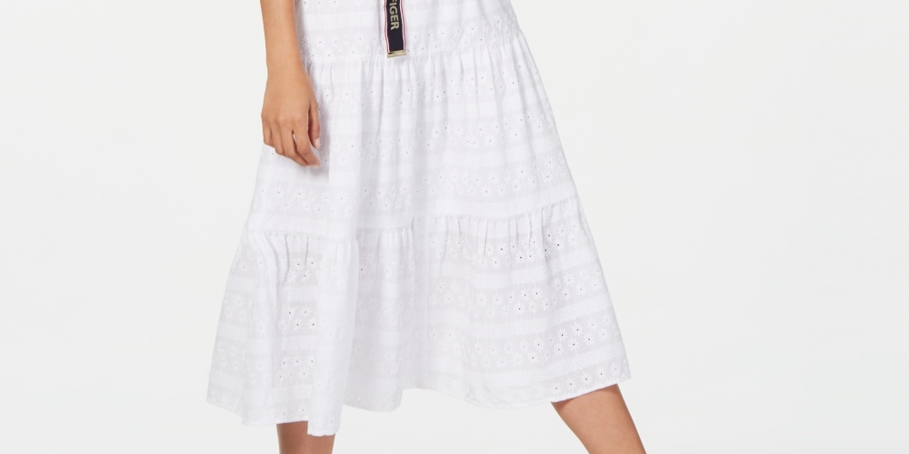 Vestido midi feminino Tommy Hilfiger de algodão com ilhós, branco, tamanho 4