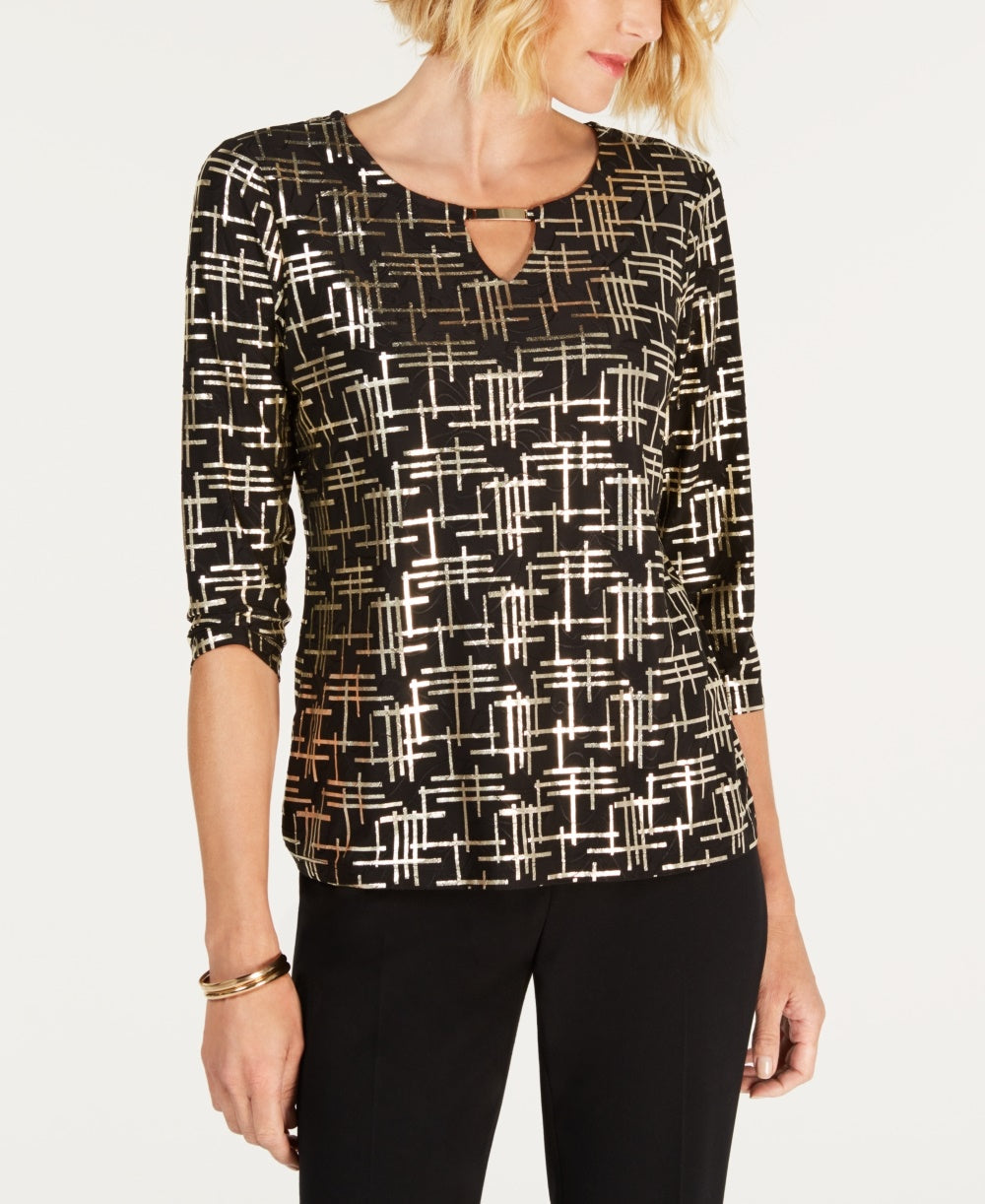 JM Collection Blusa feminina estampada em jacquard, preta, tamanho pequeno, extragrande
