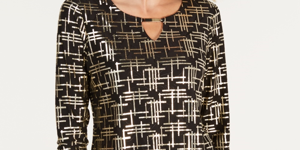 JM Collection Blusa feminina estampada em jacquard, preta, tamanho pequeno, extragrande
