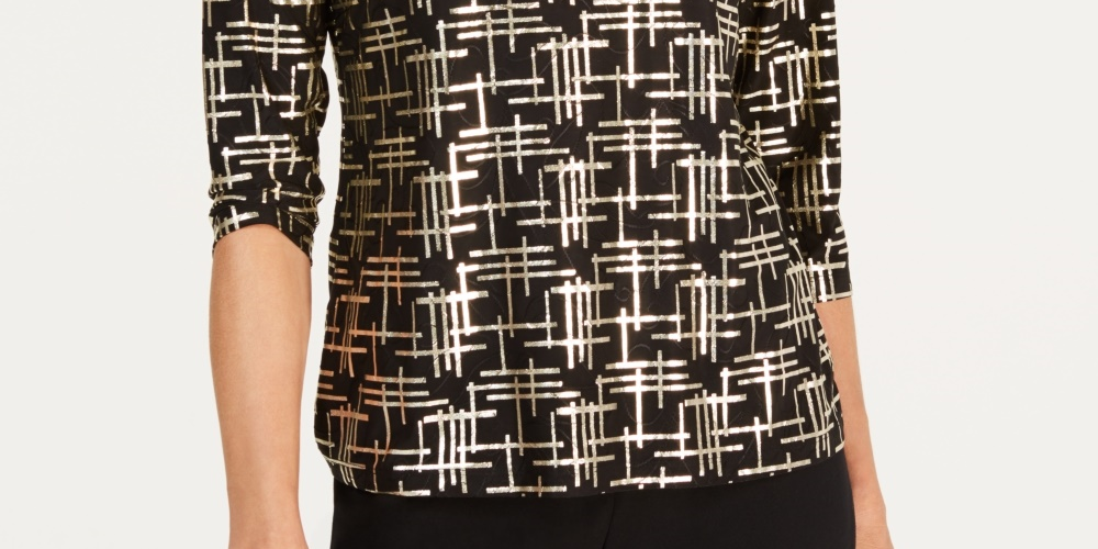 JM Collection Blusa feminina estampada em jacquard, preta, tamanho pequeno, extragrande