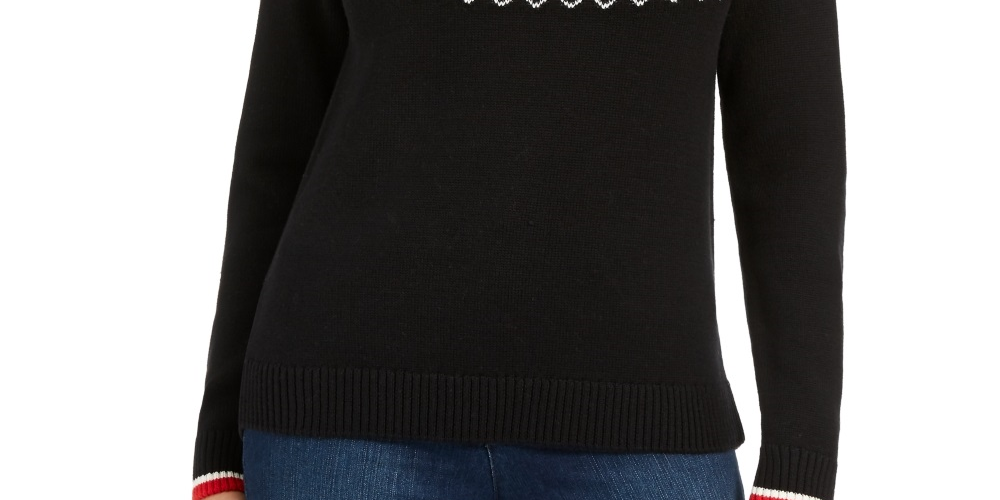 Suéter feminino Charter Club Fair Isle com gola redonda, preto, tamanho PL