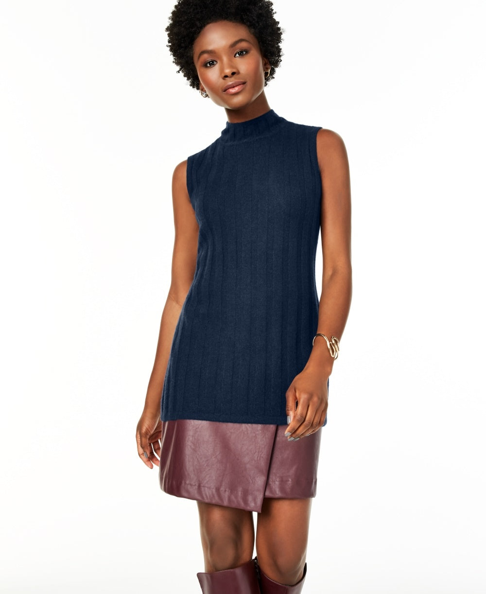 Suéter feminino sem mangas de cashmere puro com decote falso Charter Club, azul, tamanho pequeno e pequeno