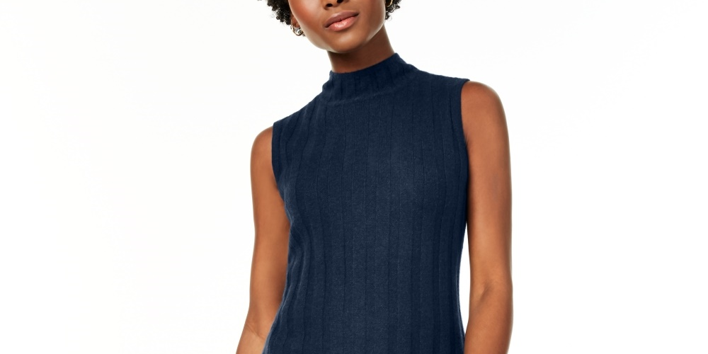 Suéter feminino sem mangas de cashmere puro com decote falso Charter Club, azul, tamanho pequeno e pequeno