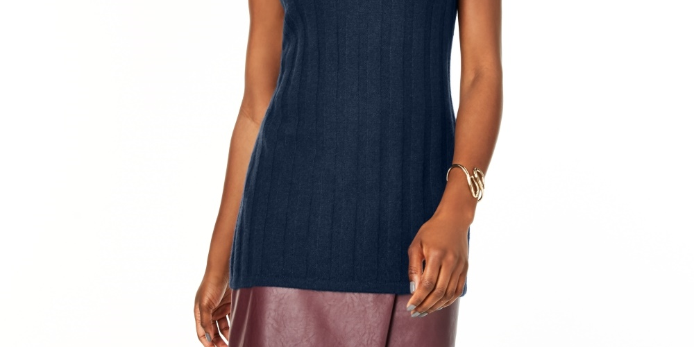 Suéter feminino sem mangas de cashmere puro com decote falso Charter Club, azul, tamanho pequeno e pequeno