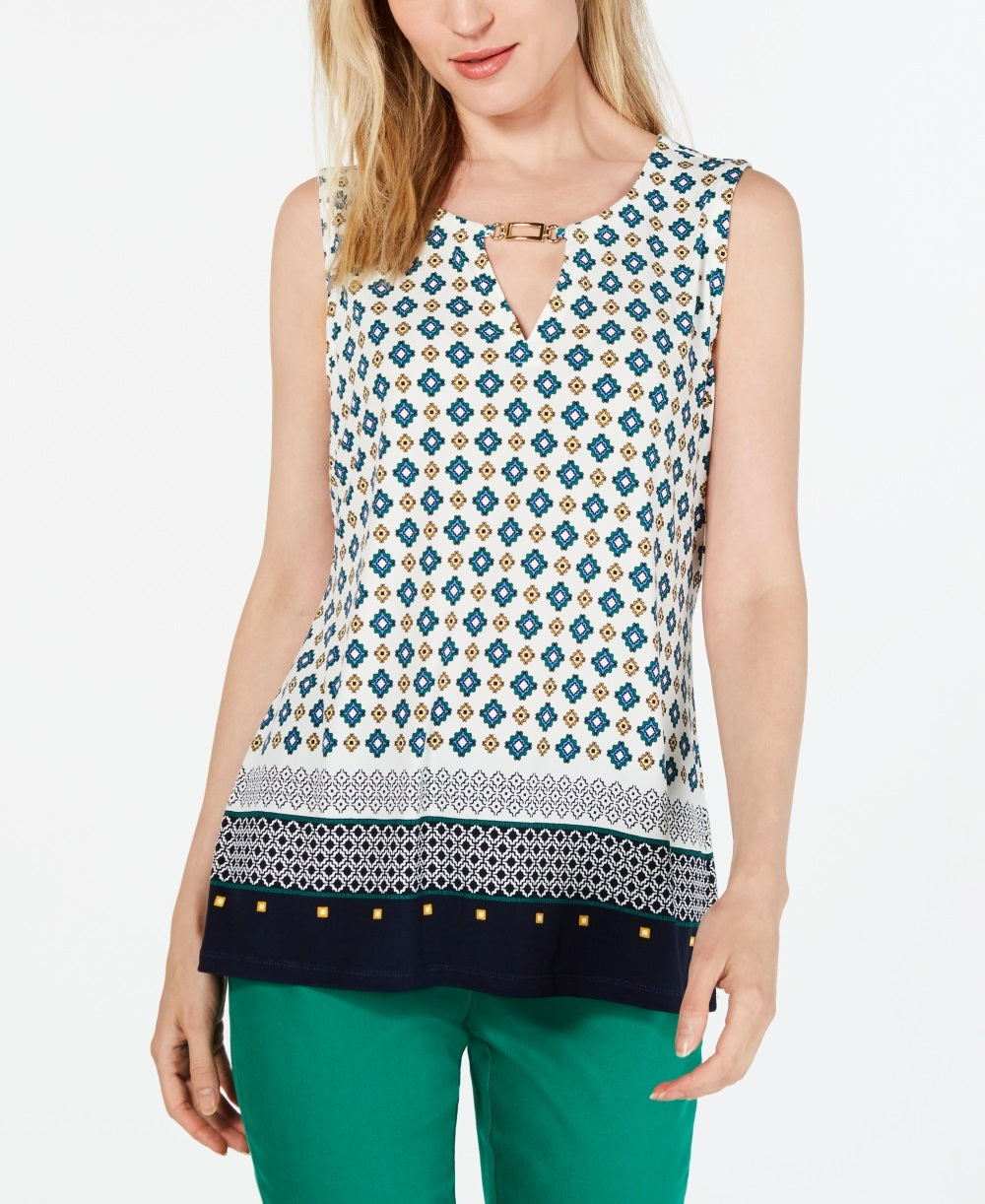 Top feminino com estampa estilo Keyhole Charter Club, branco, tamanho pequeno, médio
