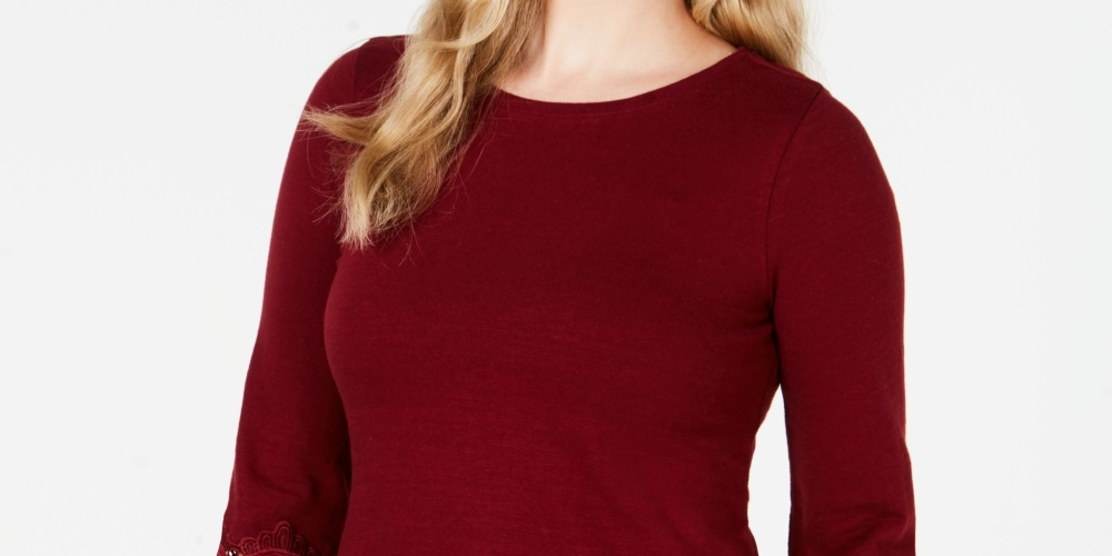 Top feminino Charter Club com acabamento em renda de algodão, vermelho, tamanho pequeno e pequeno