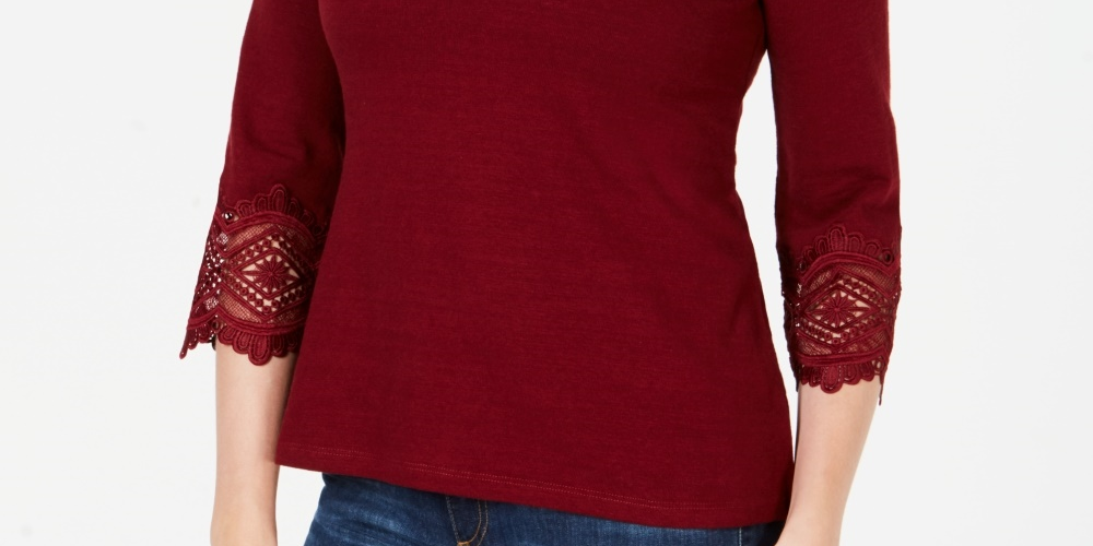 Top feminino Charter Club com acabamento em renda de algodão, vermelho, tamanho pequeno e pequeno