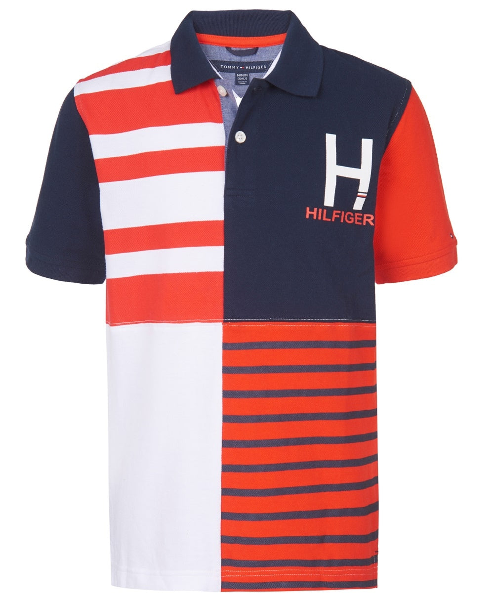 Camisa polo infantil Tommy Hilfiger Evan com listras coloridas e logotipo piquê, tamanho 5, azul