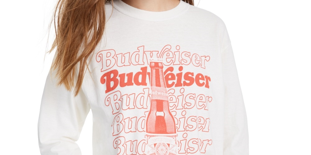 Camiseta feminina vintage de algodão Budweiser com estampa gráfica, tamanho X-S