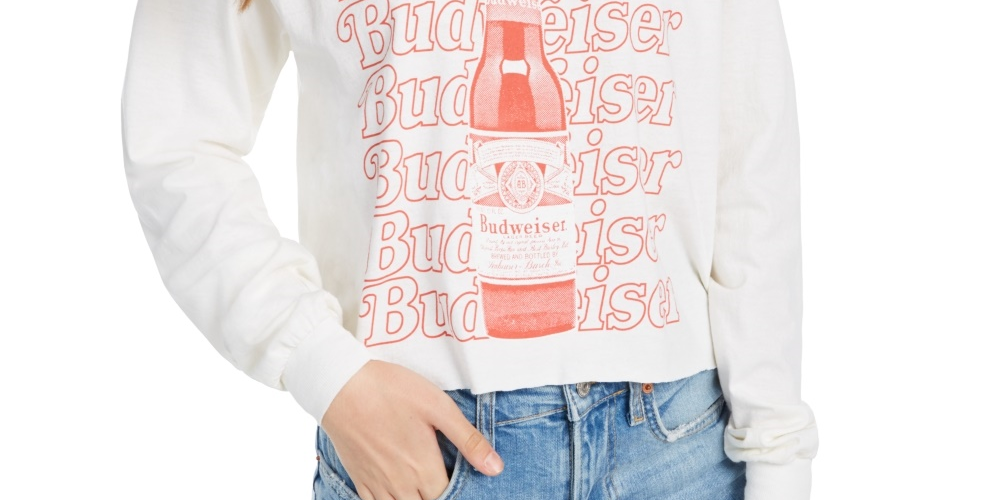 Camiseta feminina vintage de algodão Budweiser com estampa gráfica, tamanho X-S