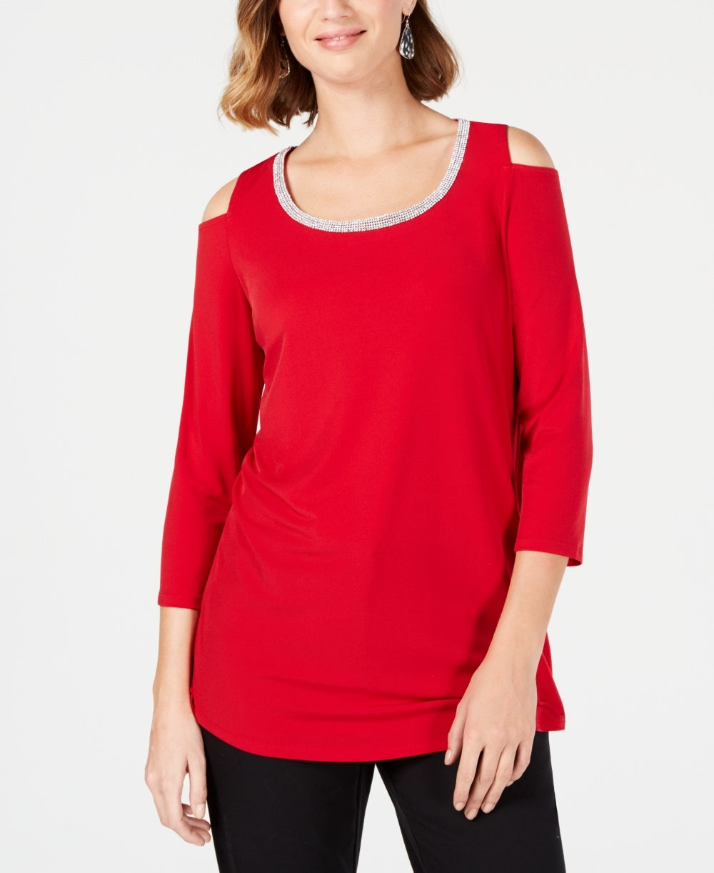 JM Collection Top feminino pequeno com decote em V e ombros descobertos, tamanho pequeno extragrande, vermelho