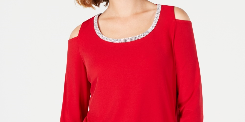 JM Collection Top feminino pequeno com decote em V e ombros descobertos, tamanho pequeno extragrande, vermelho
