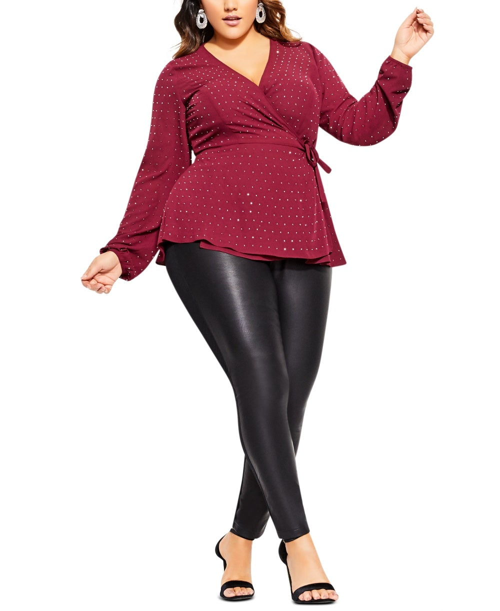 Top feminino plus size City Chic com sobrepeliz e detalhes em tachas, vermelho, tamanho 18W