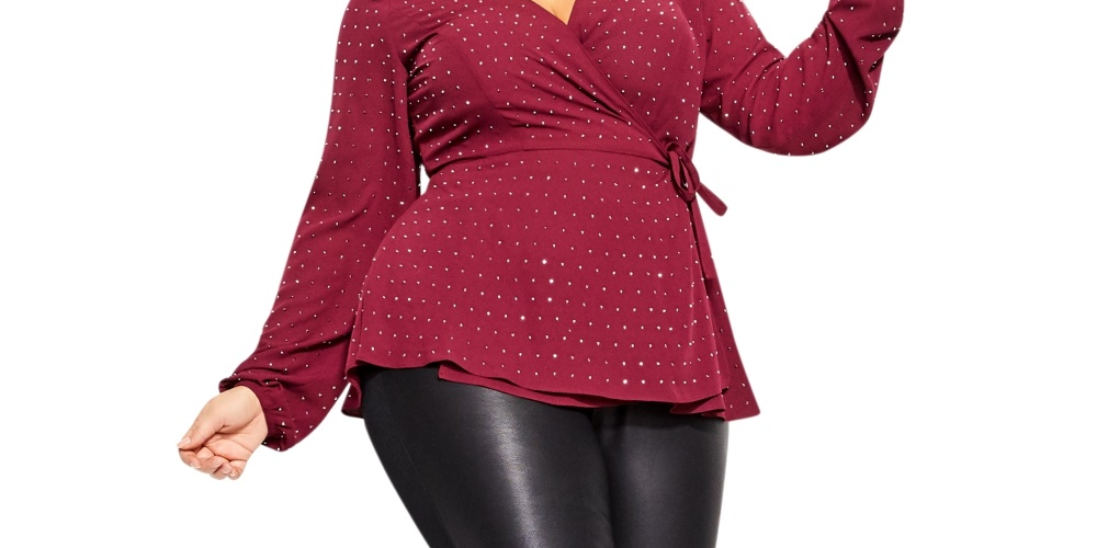 Top feminino plus size City Chic com sobrepeliz e detalhes em tachas, vermelho, tamanho 18W