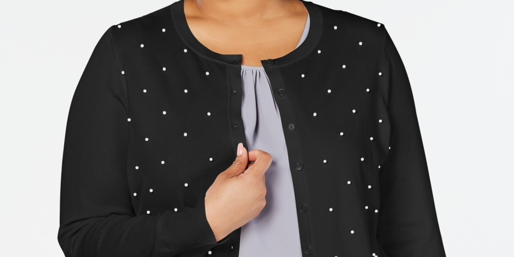 Cardigan feminino plus size com tachinhas de pérolas falsas Charter Club, preto, tamanho 0X