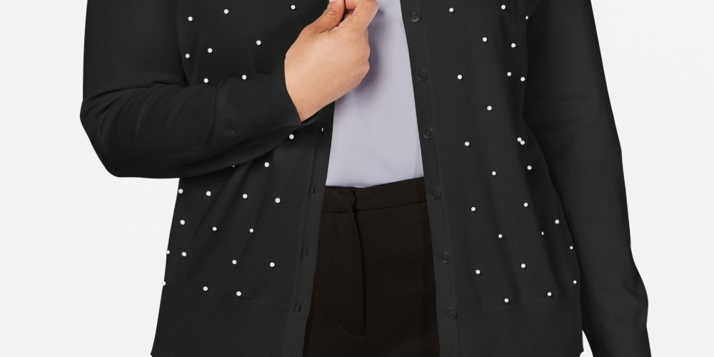Cardigan feminino plus size com tachinhas de pérolas falsas Charter Club, preto, tamanho 0X