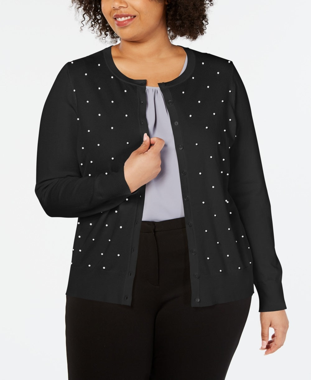 Cardigan feminino plus size com tachinhas de pérolas falsas Charter Club, preto, tamanho 1X