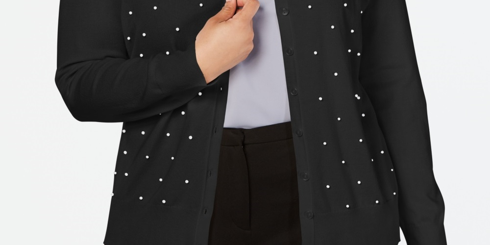 Cardigan feminino plus size com tachinhas de pérolas falsas Charter Club, preto, tamanho 1X