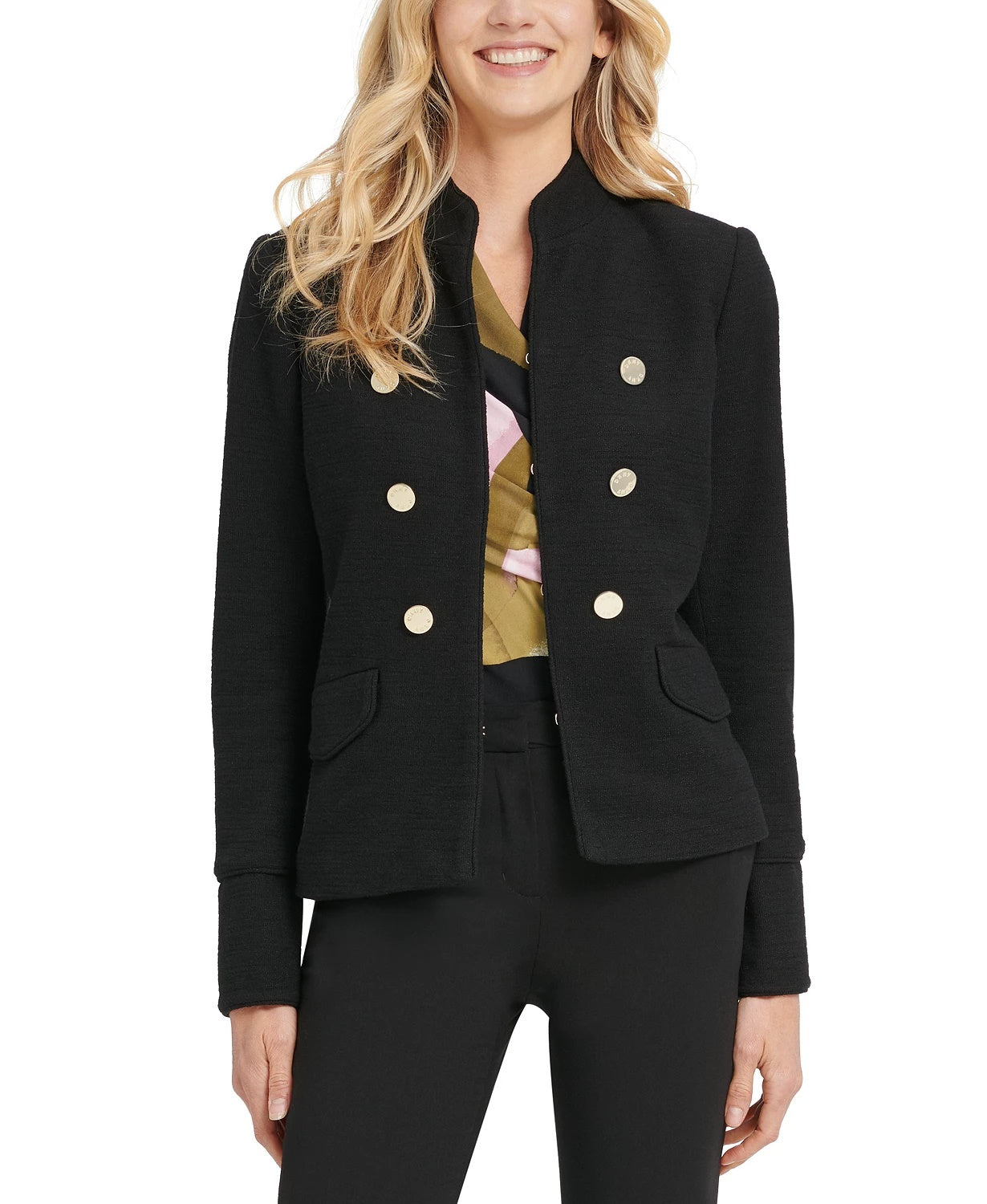 Jaqueta militar feminina DKNY com gola alta e abotoamento duplo, preta, tamanho 6