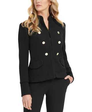 Jaqueta militar feminina DKNY com gola alta e abotoamento duplo, preta, tamanho 6