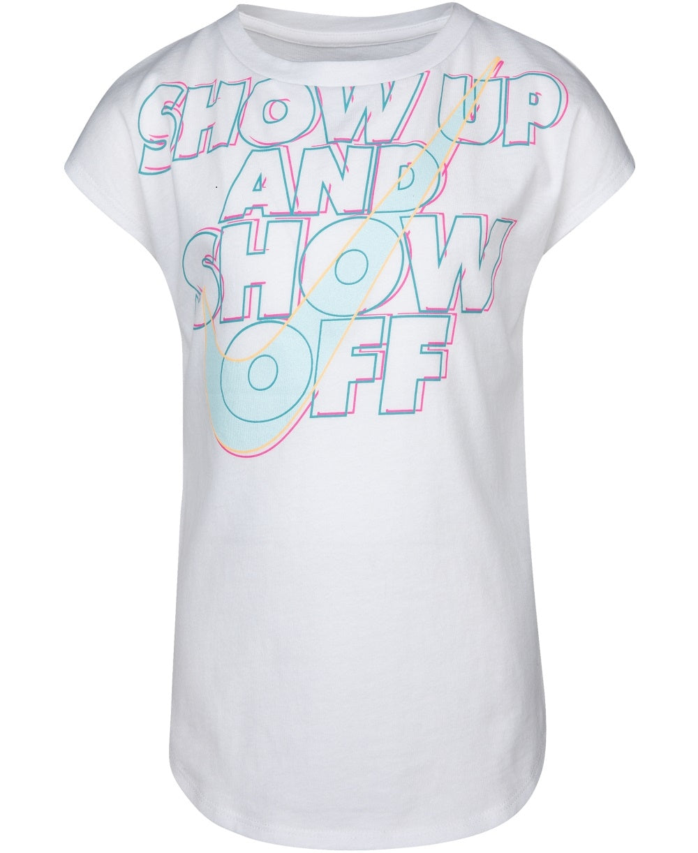 Camiseta Nike Little Girl's Show Up &amp; Show Off com o logotipo, branca, tamanho 5