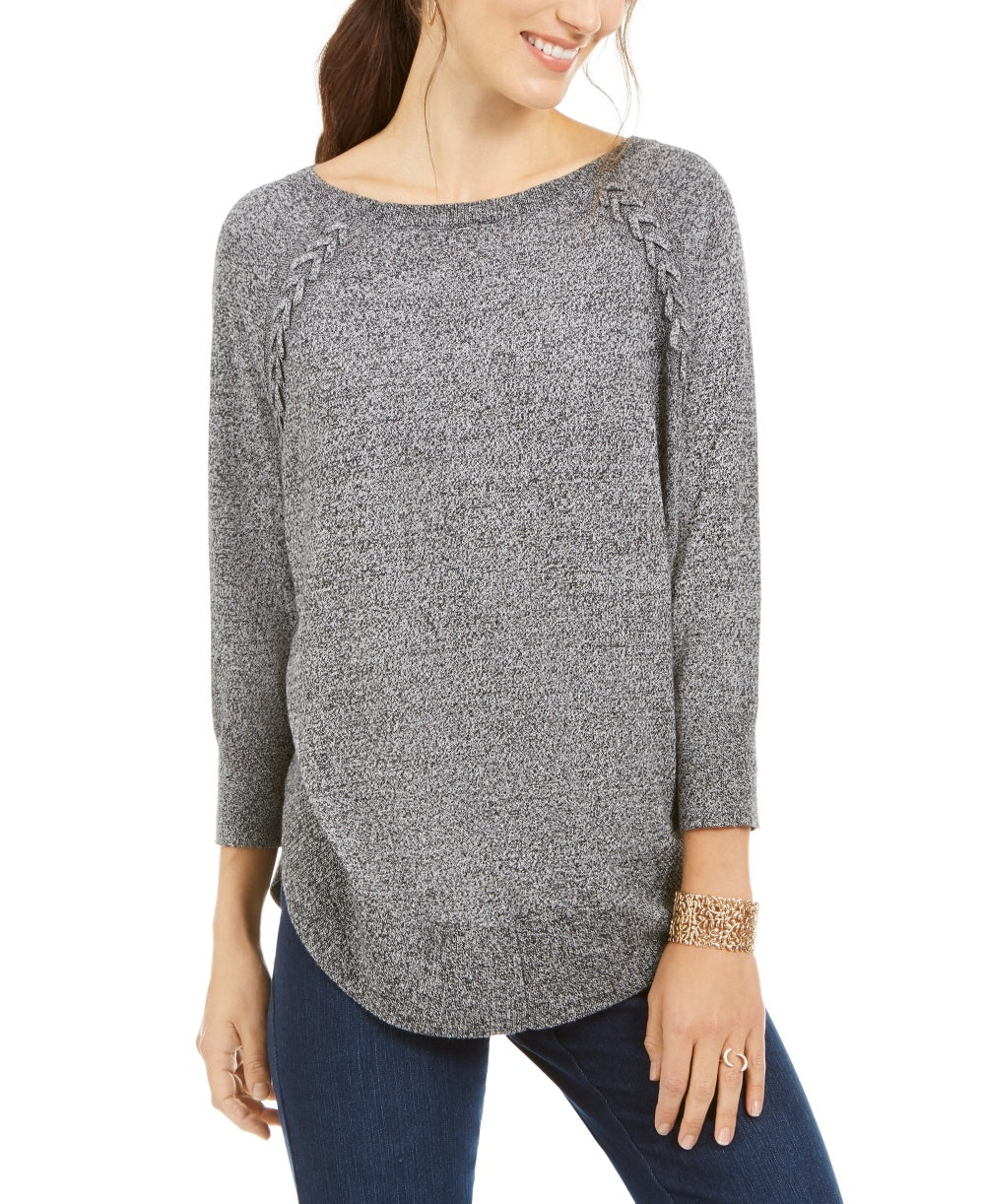 Suéter feminino com cadarço e acabamento em chevron, estilo &amp; co, preto, tamanho PS