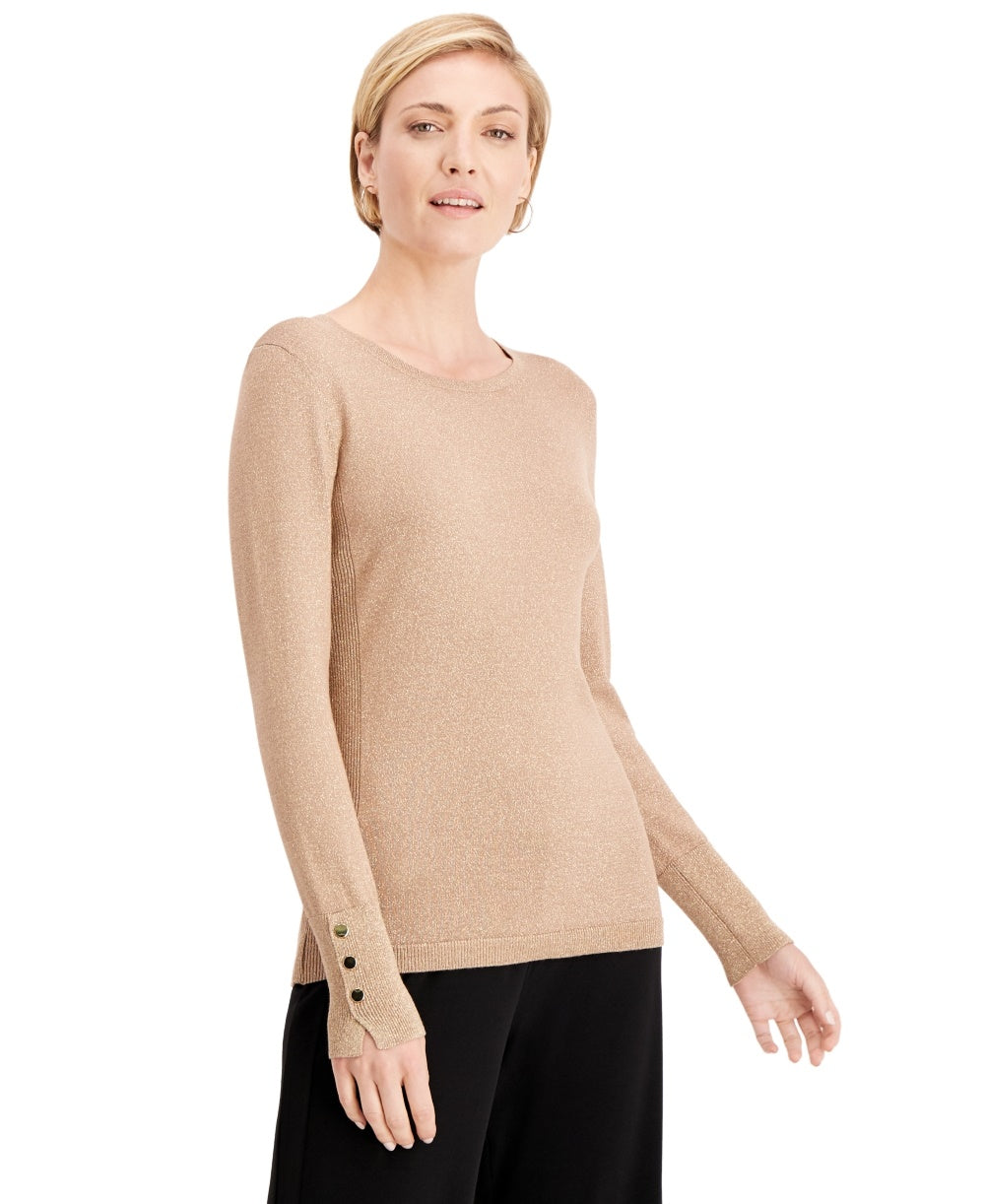 Suéter feminino metálico com gola redonda e punhos com tachas, tamanho grande, amarelo, da coleção JM