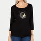 Karen Scott Blusa feminina de algodão com manga 3/4 e detalhes embelezados, preta, tamanho extragrande