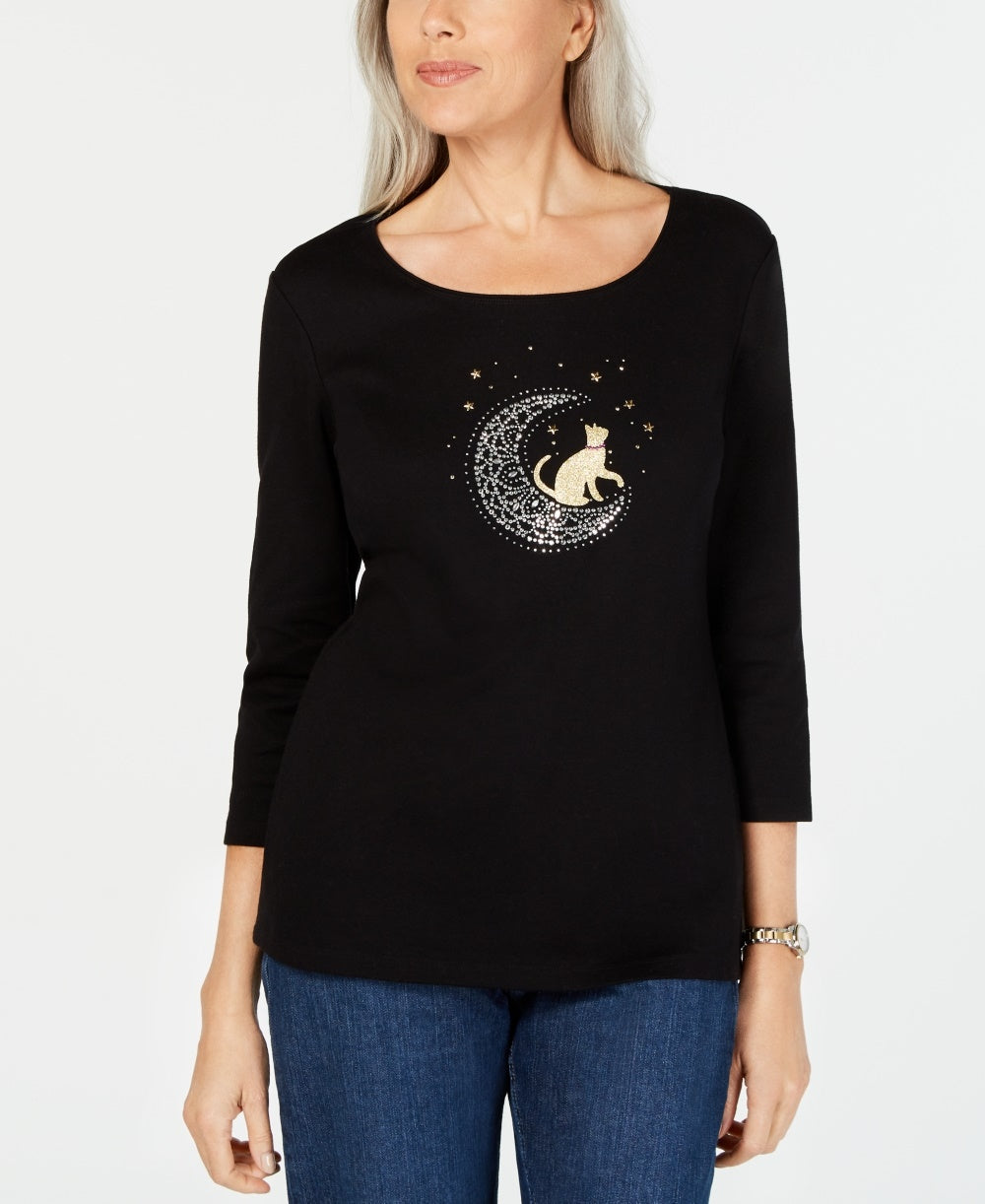 Karen Scott Blusa feminina de algodão com manga 3/4 e detalhes embelezados, preta, tamanho extragrande