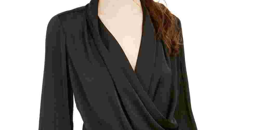 Band Of Gypsies Top drapeado feminino de manga comprida com botões e punhos, preto, tamanho extragrande