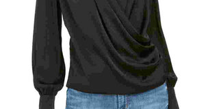 Band Of Gypsies Top drapeado feminino de manga comprida com botões e punhos, preto, tamanho extragrande