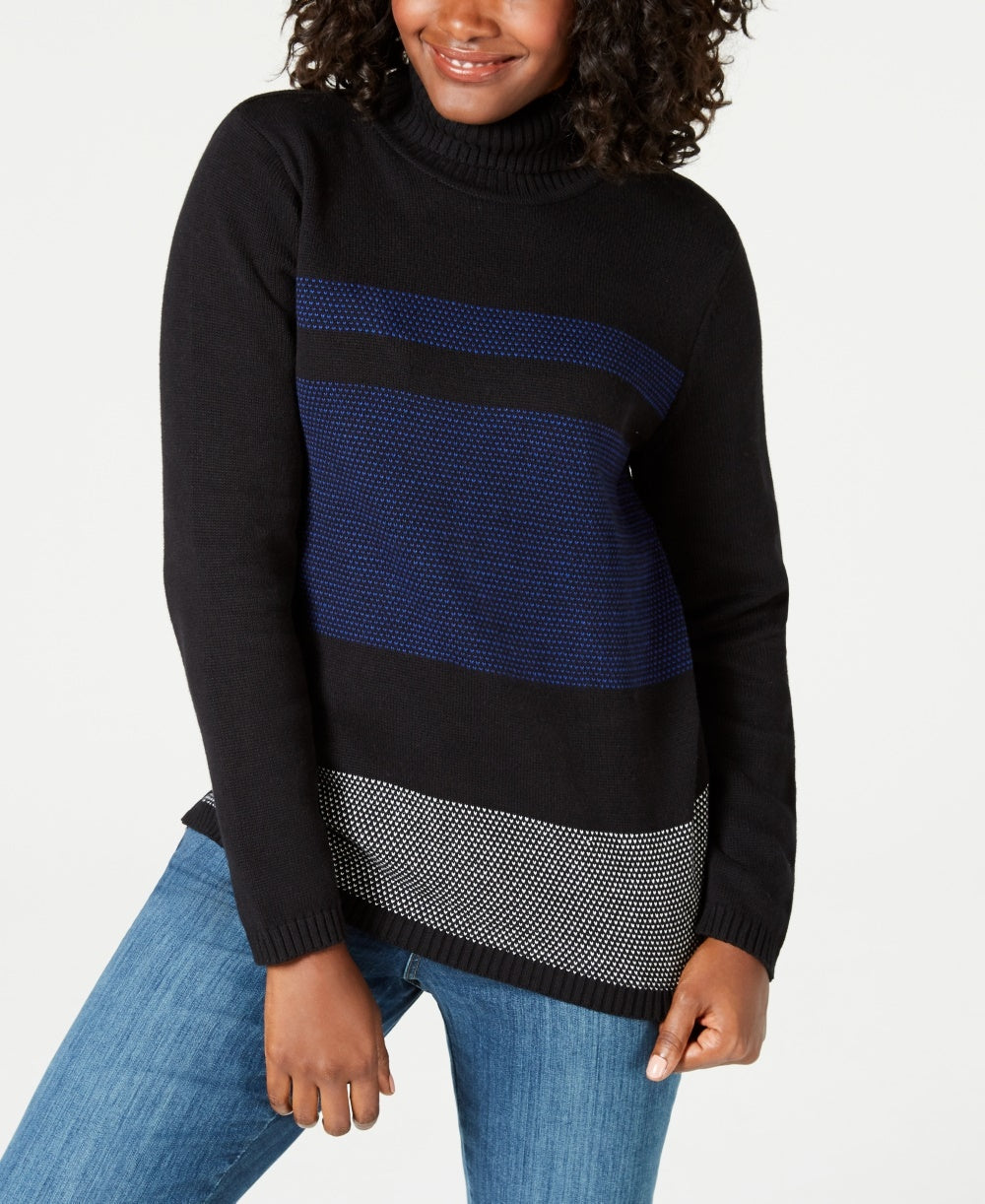 Karen Scott Suéter Feminino de Algodão com Gola Alta Colorblock Azul Tamanho Pequeno