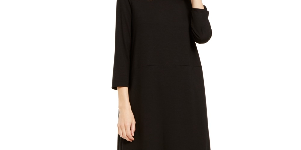 Vestido feminino Eileen Fisher com decote redondo e manga curta, tamanho P, preto, regular
